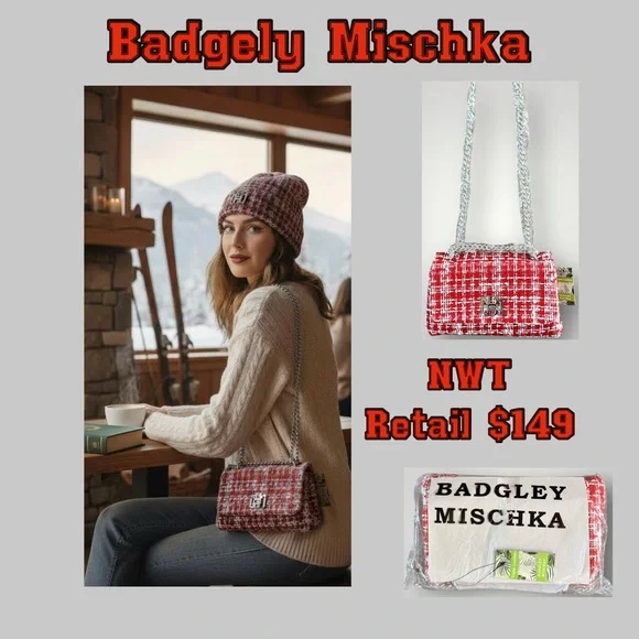 Badgley Mischka Red & White Tweed Crossbody NEW / NWT  (Retail: $149) ✨ - Picture 8 of 17